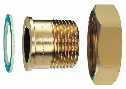 Verschraubung mit Schraubnippel, bestehend aus einem verzierten Gewindeelement, einer Dichtung und einer sechseckigen Mutter. Gezeigt wird ein Produkt von IMI Hydronic Engineering.